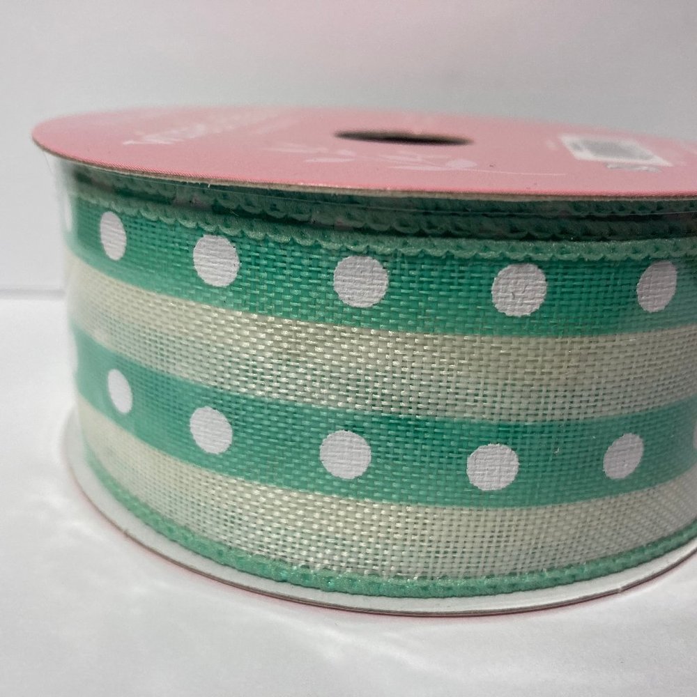 White Dot Green Stripe Wired Ribbon 1.5" 25'